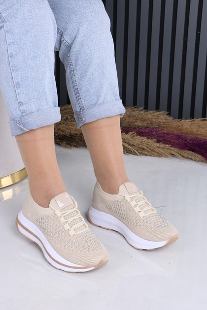 Women's Beige Stone Detailed Knitwear Sneaker – Light Sole Comfortable Casual Sports Shoes