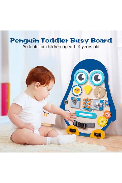 14-in-1 Wooden Penguin Busy Board for Toddlers – Montessori Activity Center Toy