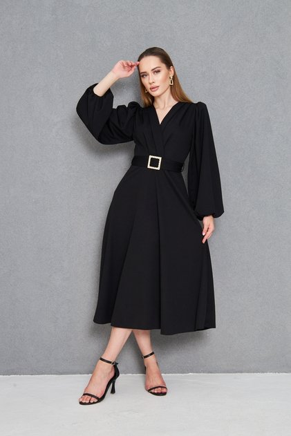 Stylish Stone Design Belted Long Balloon Sleeve Detailed Double Breasted Collar Black Midi Dress 77132