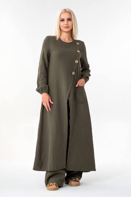 Muslin Fabric Button Detail Front Slit 100% Cotton Hijab Tunic Khaki