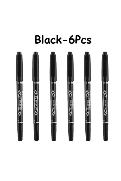 Black-6Pcs 6/12Pcs Twin Tip Permanent Marker Black/Blue/Red Oil Marker Pen Fine Nid Marker Ink Stati
