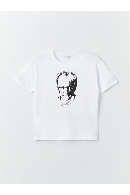Lcw Kids White Crew Neck Ataturk Printed Short Sleeve Girl T-Shirt S47754Z4Nvy25