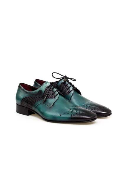 Green Color Lace-Up Genuine Leather Men's Shoes