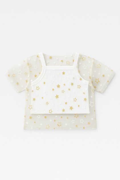 Girl's Transparent Star Patterned Tulle Blouse and Suspender Crop Set - Star Detailed