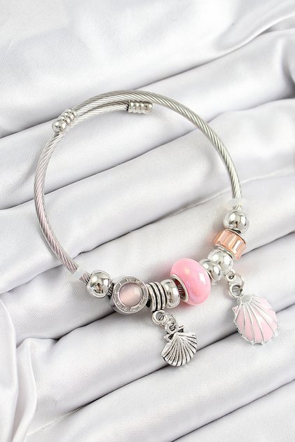 316L Çelik Pembe İstiridye Model Gümüş Renk Charm Bileklik