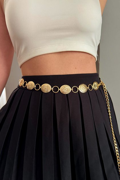 Kadın Gold Metal Çiçek ve Halka Detaylı Vücut Bel Elbise Pareo Pantolon Şort Zincir Kemer