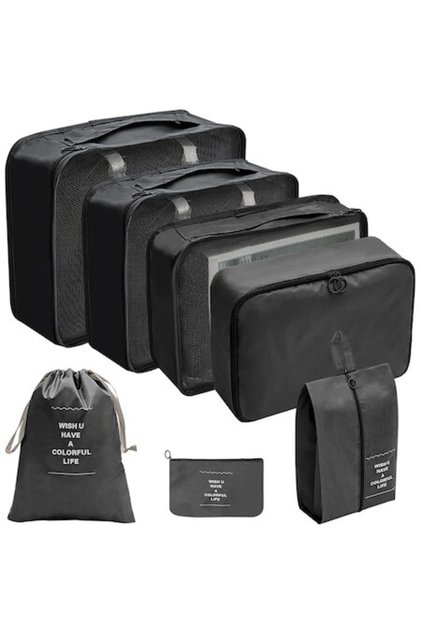 Set 7 huse organizare bagaj, Sistem compresie/extensie cu fermoar, Impermeabile, Portabile