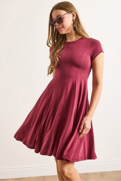 Women's Burgundy Modal Short Sleeve Fragmented Mini Bell Dress Elb-19002474