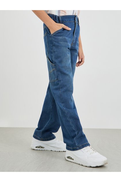 Boys Dark Blue Mid Rise Whiskered Jogger Fit Jeans