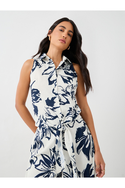 Printed Sleeveless Resort Collar Shirt with Tie-Up Detail