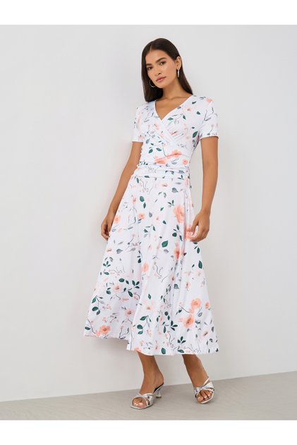 Floral Print Short Sleeves A-Line Midi Dress