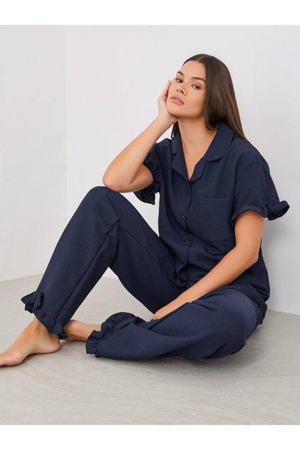 Waffle Textured Ruffled Detail Shirt and Pyjama Set