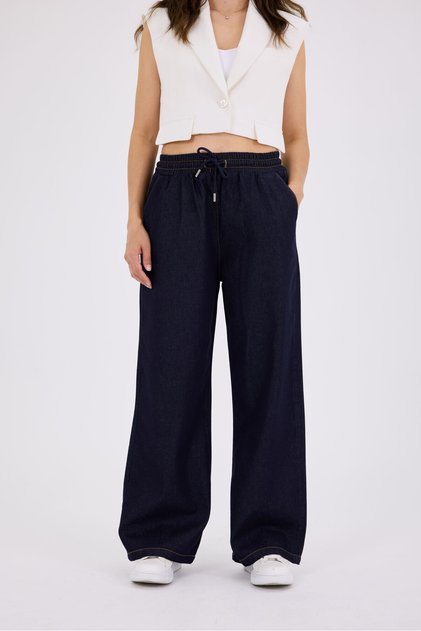Elastic Waist Drawstring Straight Leg Relaxed Fit Summer Fabric Women's Jean Trousers