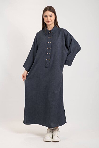 Shirt Collar Double Button Skirt Mini Slit Linen Dress