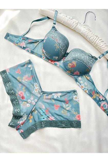 Women's Padded Supported Floral Patterned Petrol Green Boxer Type Underwear Set