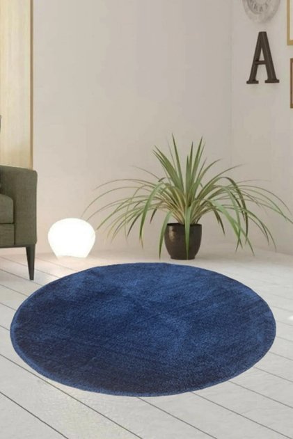Puffy Mavi Yuvarlak Overlok Peluş Halı Yumuşacık Yıkanabilir Kaymaz Taban Halı Salon Oturma