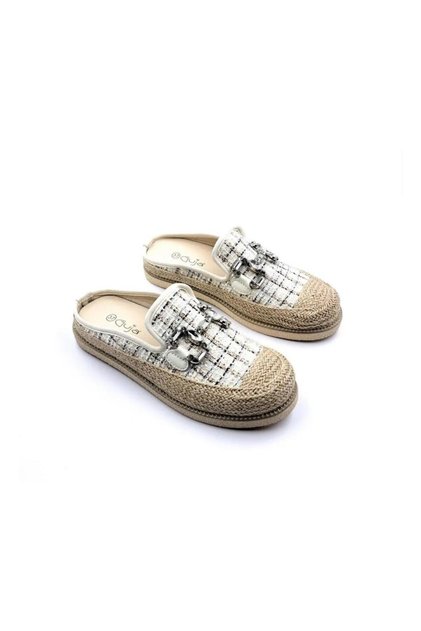 24K308 Women's Jute Straw Garnished Stone Plaid Patterned Closed-Front Slippers