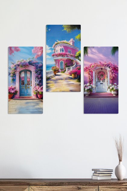 Pink House Door and Balcony Spring Flowers Sea Landscape 3 Piece Mdf Table