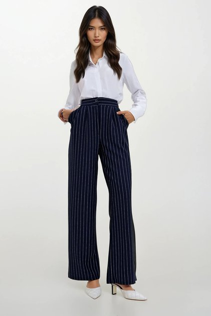 Pantaloni Palazzo cu dungi, albastru marin, cu buzunare duble, pentru femei ALC-X12662