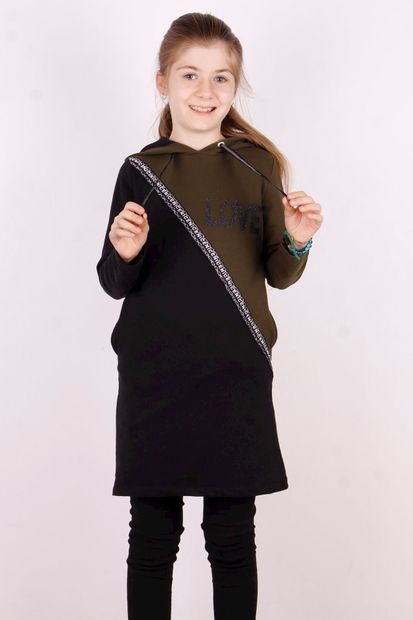 Toontoy Kız Çocuk Haki Kapşonlu Şeritli Tunik - 1