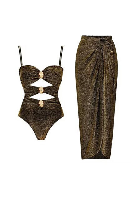 Yeni Kadın Işıltılı Simli Mayo+pareo Etek Takım 2 Parça Up Set Bodysuit Plaj Moda Beachwear