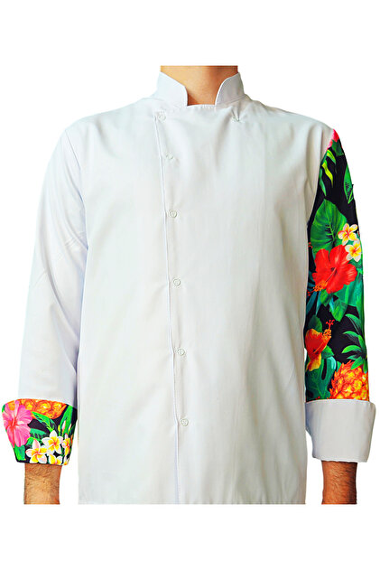 Cook Jacket Patterned Unisex Snap White Long Sleeve Chef Cook Kitchen Jacket