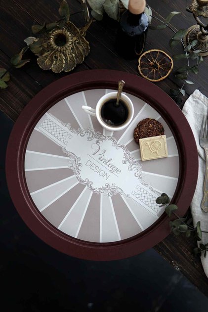 Elegance Patterned Round Metal Tray - Tea Coffee Tray - Presentation Tray 37 Cm Ee163-8b