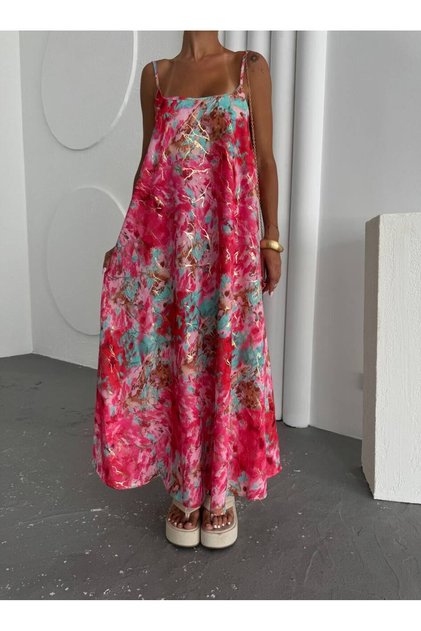 Sequin Printed Thin Strap Maxi Dress-S - Pink