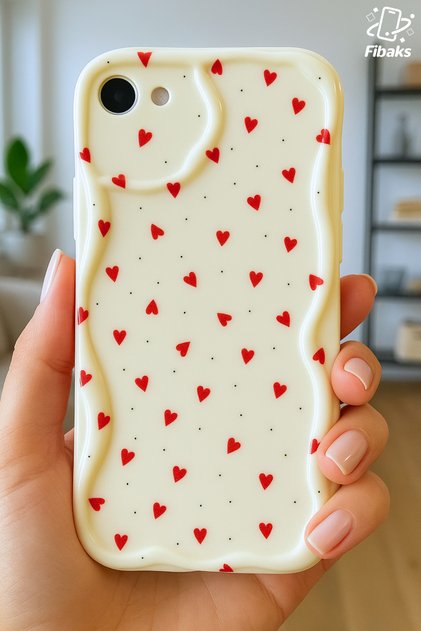 iPhone 16E/17E Kılıf Kamera Korumalı Dalga Kenarlı Kırmızı Kalp Desenli Silikon Kapak