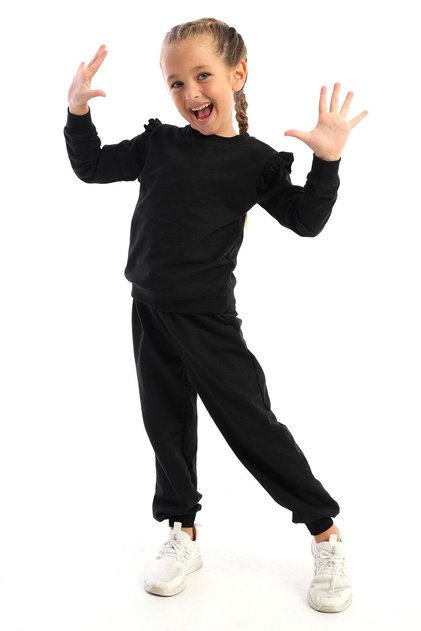 Crew Neck Long Sleeve Black Color Girl's Tracksuit Set