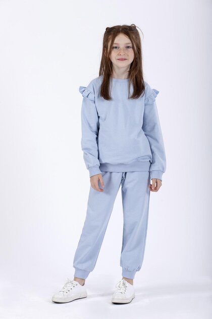 Crew Neck Long Sleeve Baby Blue Color Girl's Tracksuit Set