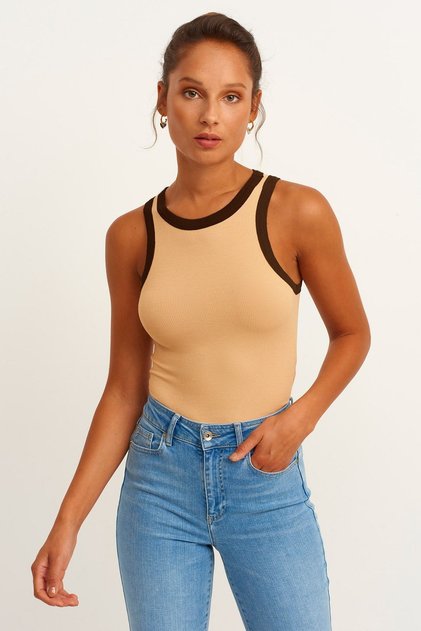 Women's Brown Striped Ribbed T-Shirt Halter Neck Knitted Undershirt