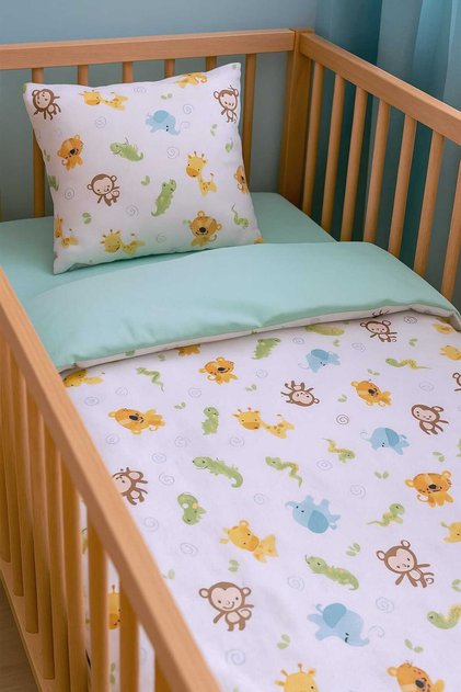 Cotton Kids 90X190 Pillow Sheet Quilt Sleeping Set for Montessori Cute Animal Mint Green