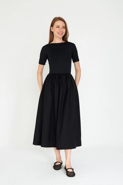 Women's Maxi Length Stretchy Knitted Top and Poplin Skirt Stylish Black Dress Short Sleeve