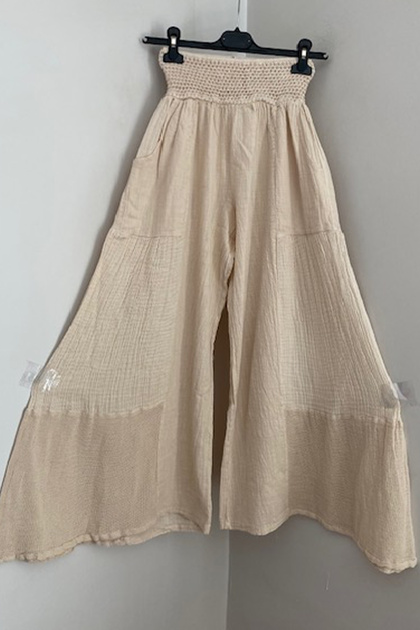 Women's Beige Elastic Waist Pocketed Wide Leg Skirt Trousers with Mesh Detail