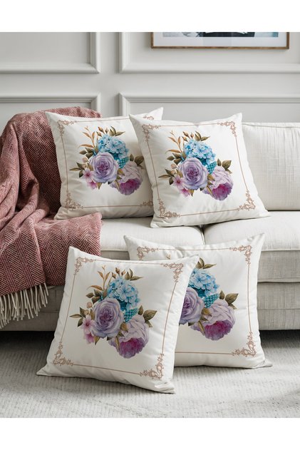 White Background Pink Purple Flower Patterned Digital Printed Decorative 4-Piece Throw Pillow Cover Set
