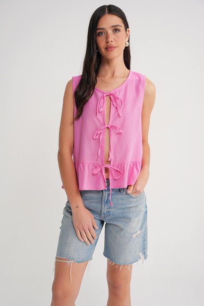 4717 Women's Front Lace Ruffle Sleeveless Linen Blouse Pink