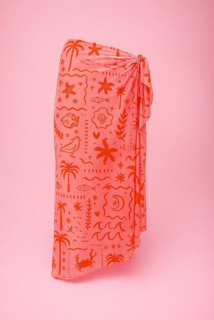 Red Bird and Fish Patterned Long Pareo Satin Does Not Show Underwear Women's Beach Dress New Season