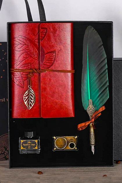Retro Tasarım Divit Hokka Deri Defter Tüylü Kalem Klasik Hediye Seti