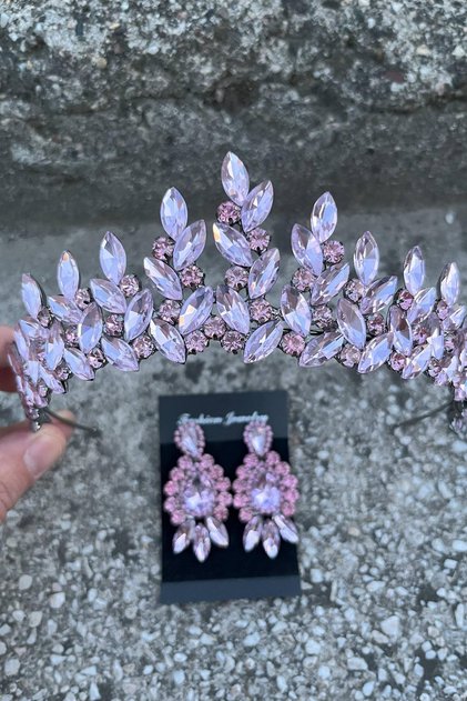 Regina Pink Bridal Henna Crown Special Occasion Accessory Women's Crown and Three Shuttle Earrings Set