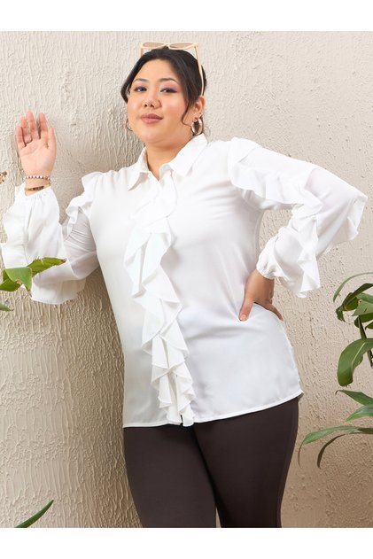 Plus Size White Solid Ruffled Long Sleeve Regular Fit Shirt