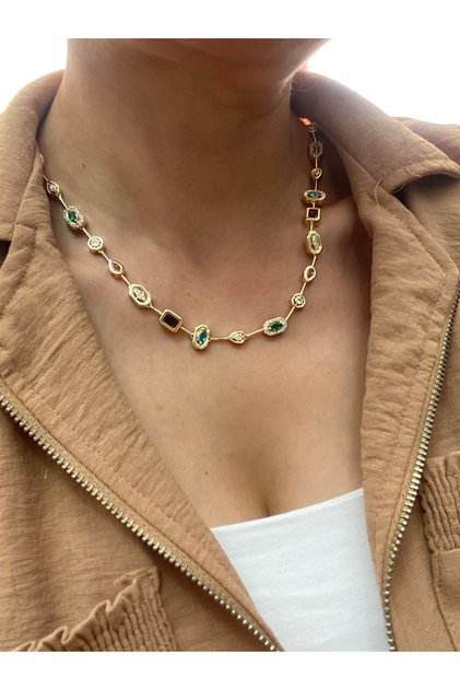 14k altın kaplama çelik tam tur renkli taşlı premium vip seri kolye gold