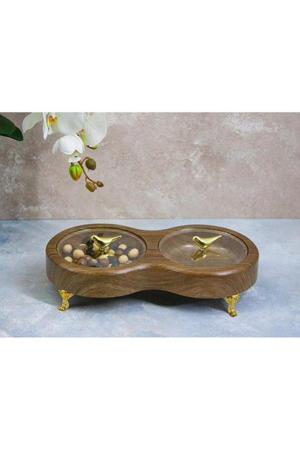 Wooden Look 2 Compartment Gold Bird Detailed Covered Snack Bowl Presentation Bowl 25 cm