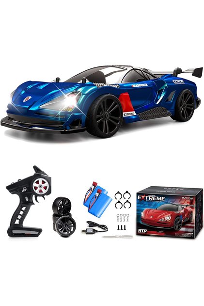 RC Drift Car, 1:16 4WD 2.4GHz Full Scale Blue LED Lights Two Batteries Rechargeable