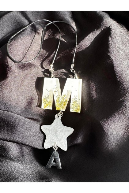 M Letter White on White with Gold Glitter Star Epoxy Rearview Mirror Ornament Valentine's Day Gift