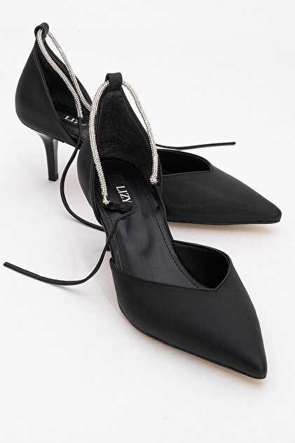 Women's Black Stone Lace Detailed Heeled Shoes