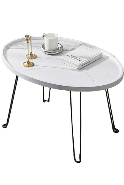 Modern Living Room Foldable Storage Oval Coffee Table, White Marble Texture Side Table