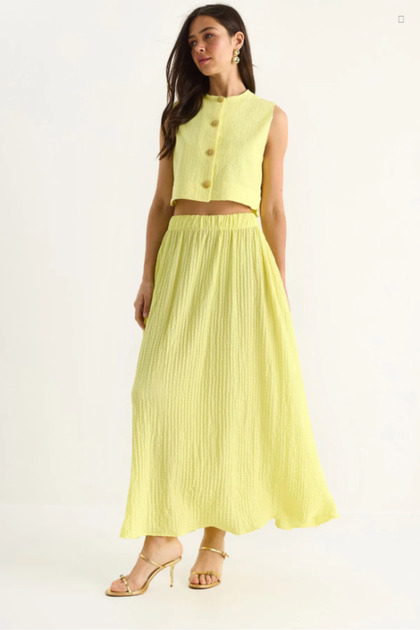 Women's Lemon Yellow Gold Buttoned Wrap Lined Vest & High Waist Flared Skirt Two-Piece Set - 4006