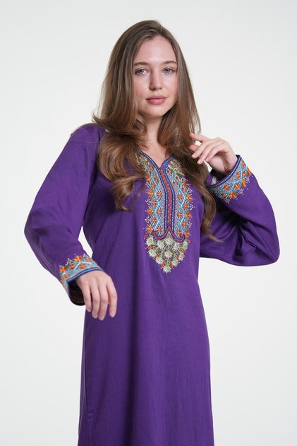 Ladies Printed Jalabiya - Full-Sleeve crepe Dress with belt