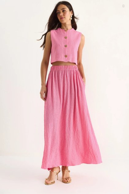 Women's Pink Gold Buttoned Wrap Lined Vest & High Waist Flared Skirt Two-Piece Set - 4006